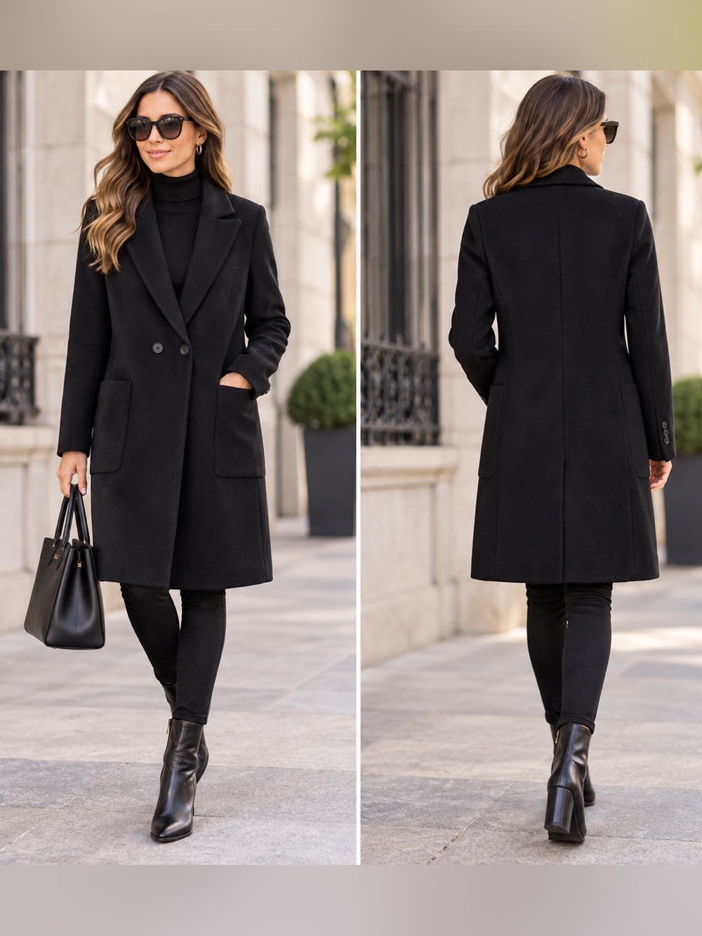 Zara Basic Black Tailored Longline Coat Notch Lapel Women M Made in Spain